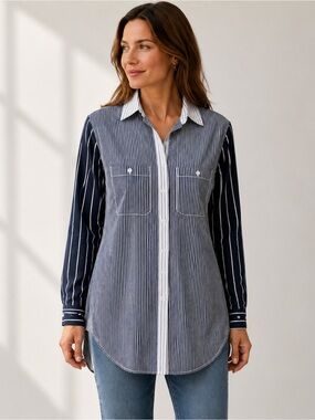 Lauren Ralph Lauren Women’s Medium Navy White Mixed Stripe Tunic Blouse Nautical
